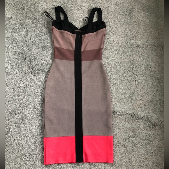 Herve Leger bodycon bandage taupe tan black coral midi straps dress S XS XXS - Picture 2 of 8